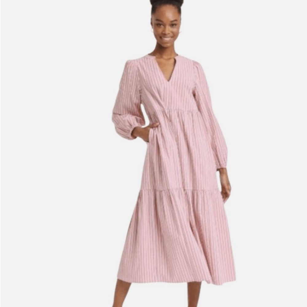 Pink Striped V-Neck Midi Dress